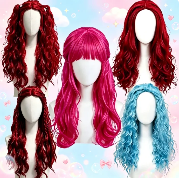 Women'S Red Accessories - باروكة شعر صناعي طويلة ومجعدة باللونين